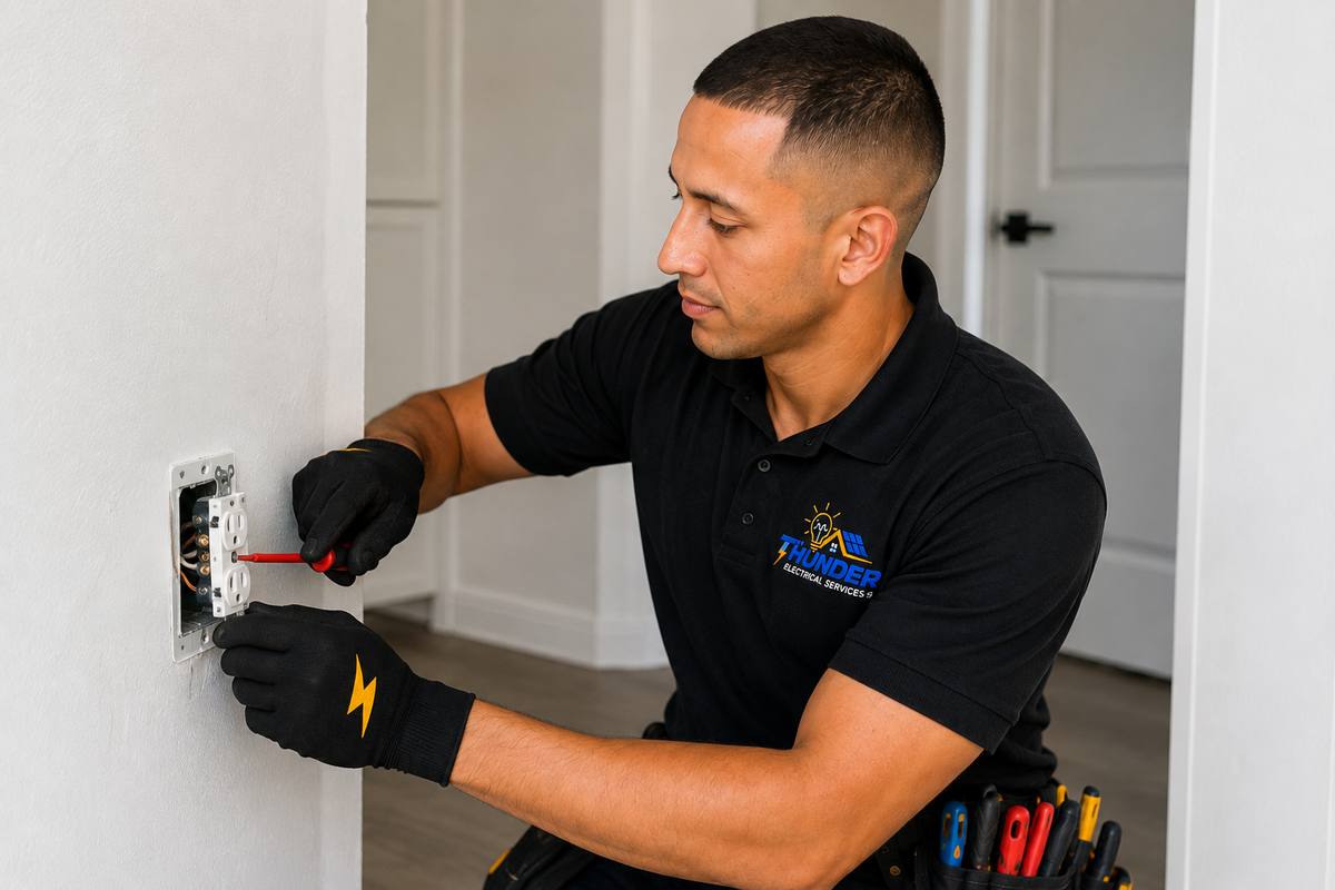 An electrician in a dark work shirt testing a wall outlet inside a finished home.
