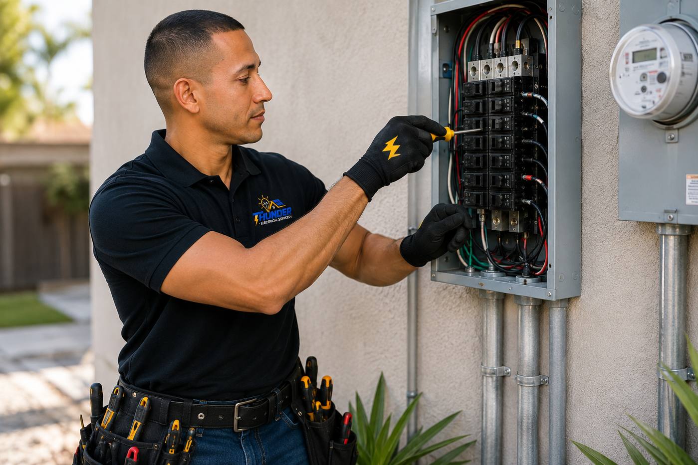 An electrician in a Thunder Electrical Services shirt working inside an outdoor panel beside a utility meter.
